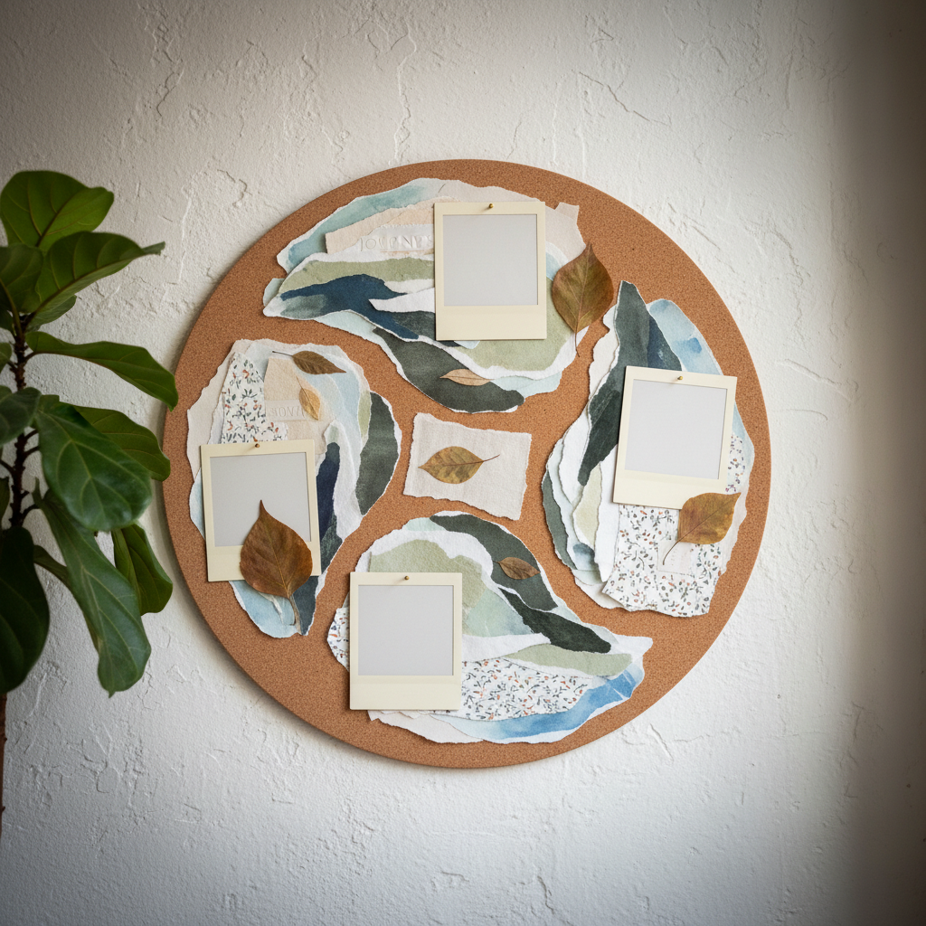 A close-up, photographic scene of a cork vision board mounted on a pale, textured wall in a calm community room. Pinned to the board are layered scraps of handmade paper, fabric swatches, dried leaves, and Polaroid-style blank frames, arranged in organic clusters to symbolize multiple intertwined journeys with chronic illness. A slender leafy houseplant partially enters the frame from the side, its leaves catching soft, indirect daylight from a nearby window. Gentle, natural shadows create depth without harsh contrast. Captured straight-on with sharp focus and subtle vignetting at the edges, the composition feels organized yet organic. The mood is quietly hopeful and sophisticated, emphasizing connection, dialogue, and lived experience while avoiding any clinical or stigmatizing elements.