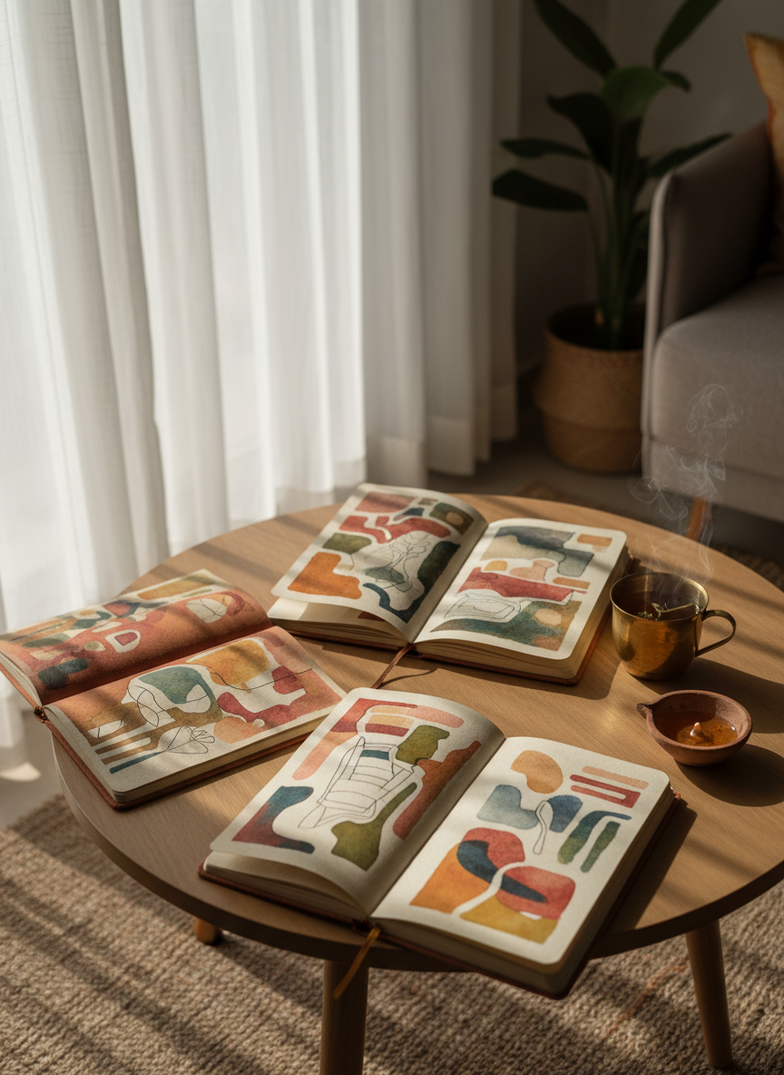 An overhead photographic view of a round, low wooden table with a smooth, matte finish, set in a quiet, modern Delhi apartment living room. On the table lie several open fabric-covered notebooks in earthy tones, each page filled with abstract, hand-drawn lines and color blocks representing personal narratives rather than readable text. Beside them, a gently steaming brass cup of herbal tea and a small clay diya with an unlit wick add cultural warmth. Diffused morning light pours through sheer curtains, creating soft, overlapping shadows. The mood is reflective and intimate, with a balanced composition that uses the rule of thirds and subtle depth of field, evoking the idea of safe storytelling around chronic illness without showing any people or medical imagery.